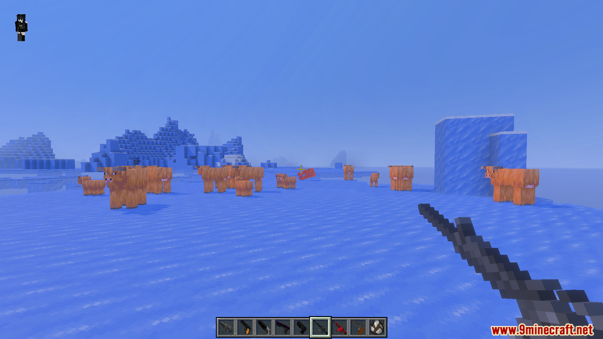 More Gun Classic Addon Screenshot 4 Player holding a gun aiming at a herd of cows on ice