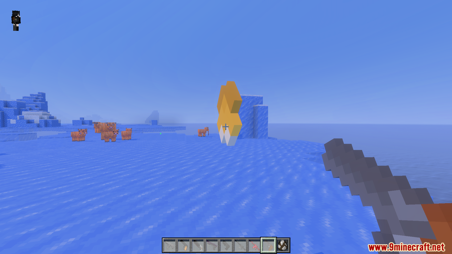 More Gun Classic Addon Screenshot 5 Player uses a blocky handgun to shoot an explosive bomb at pigs