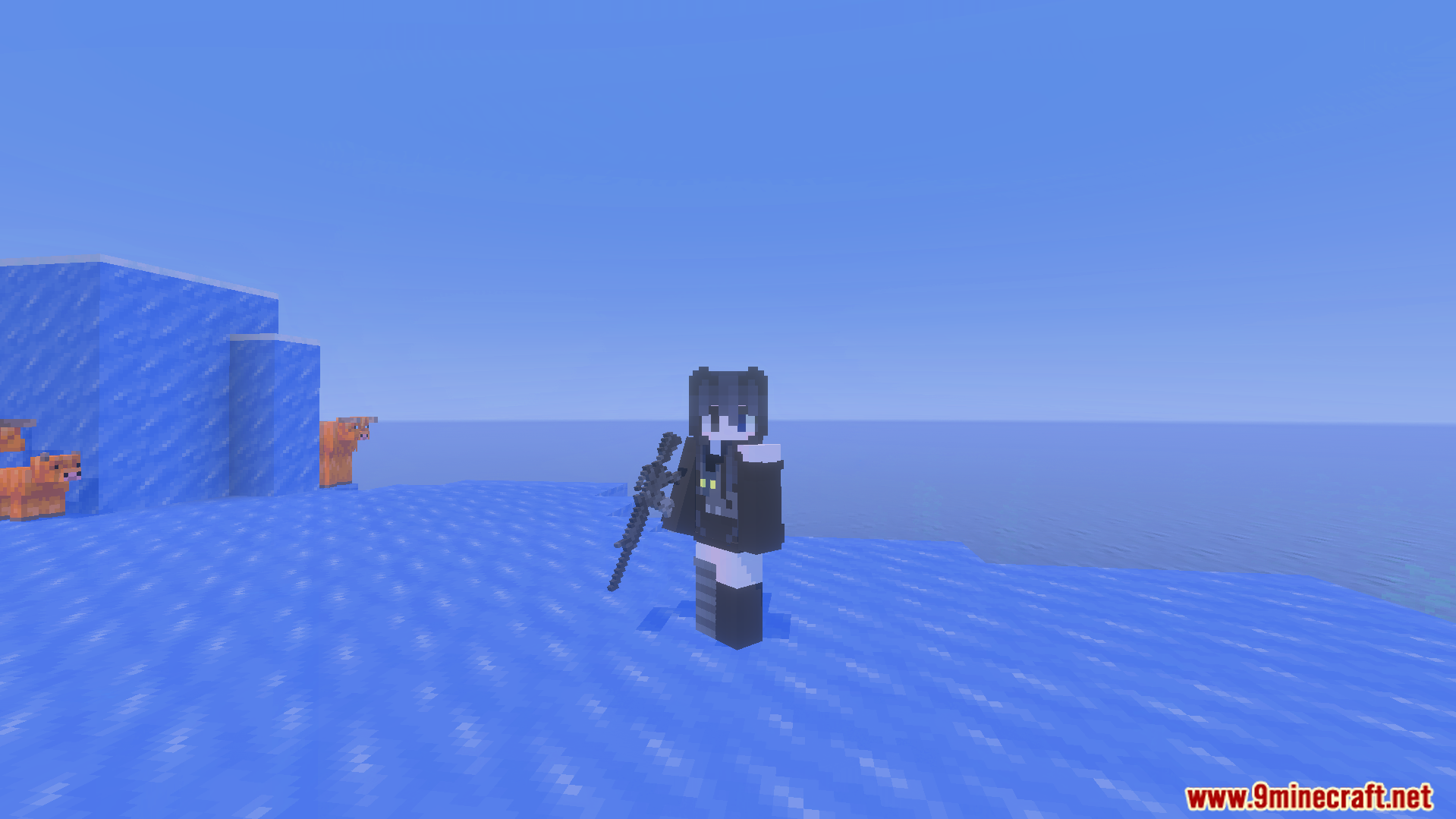 More Gun Classic Addon Screenshot 7 Player character holding a blocky machine gun in ice biome