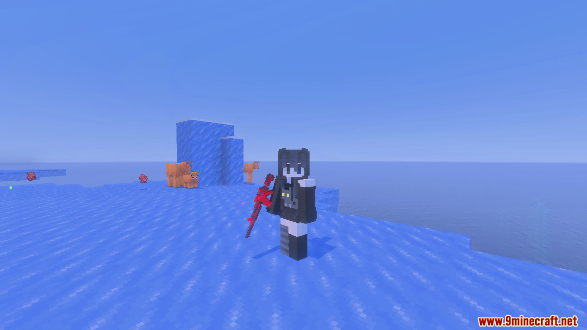 More Gun Classic Addon Screenshot 8 Player character holding a red sniper weapon in ice biome