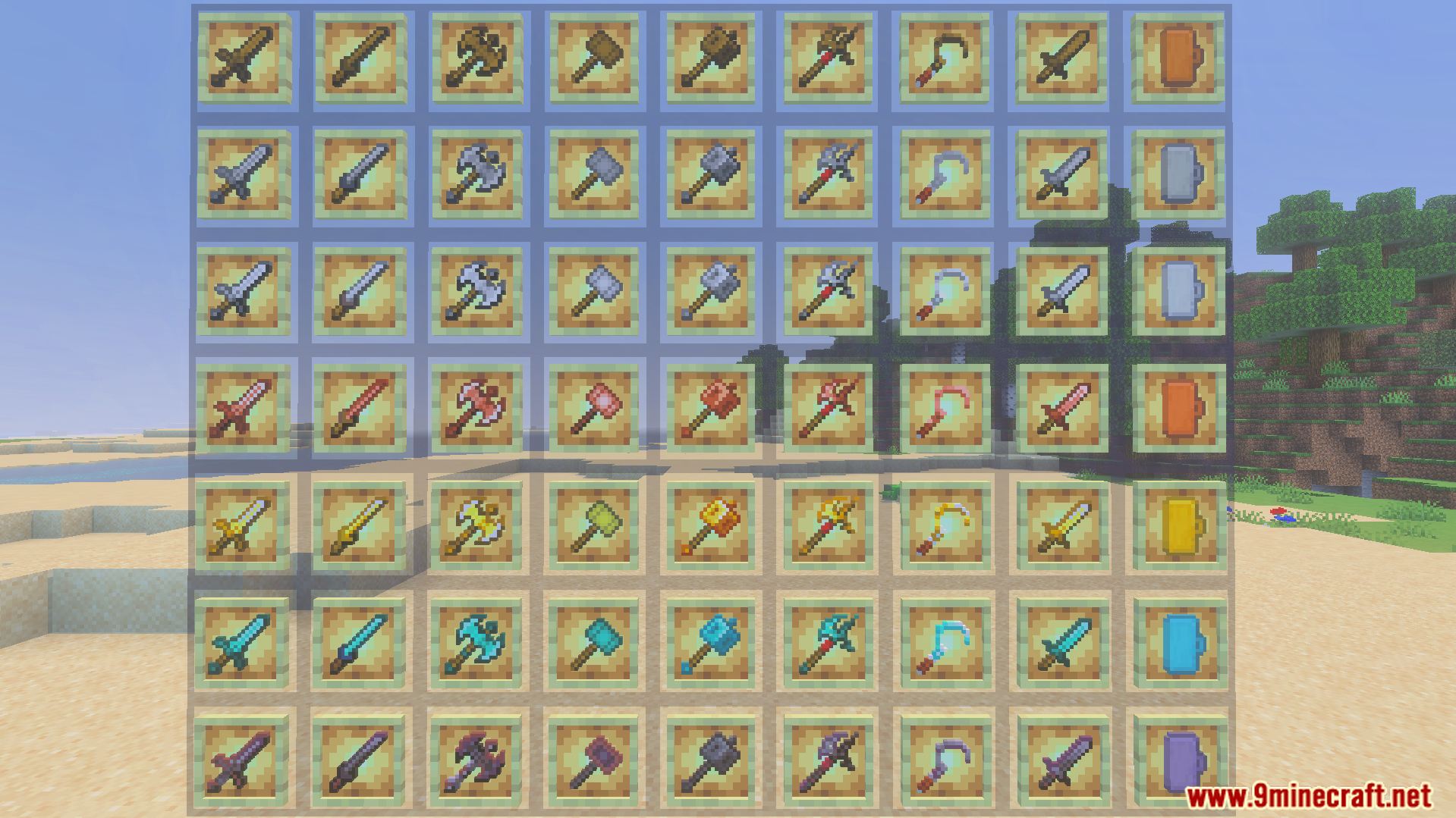 More Vanilla Weapons Complete Addon Screenshot 2 Grid of item frames displaying new weapon types in various material tiers