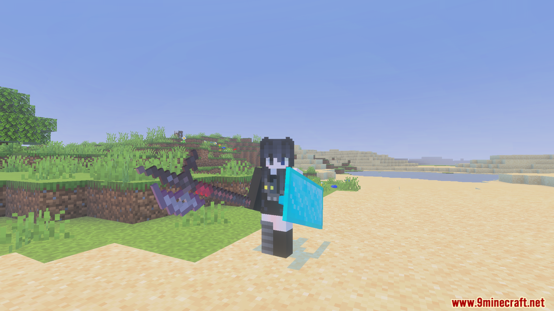 More Vanilla Weapons Complete Addon Screenshot 3 Minecraft player character wielding a large custom battle axe and a diamond shield