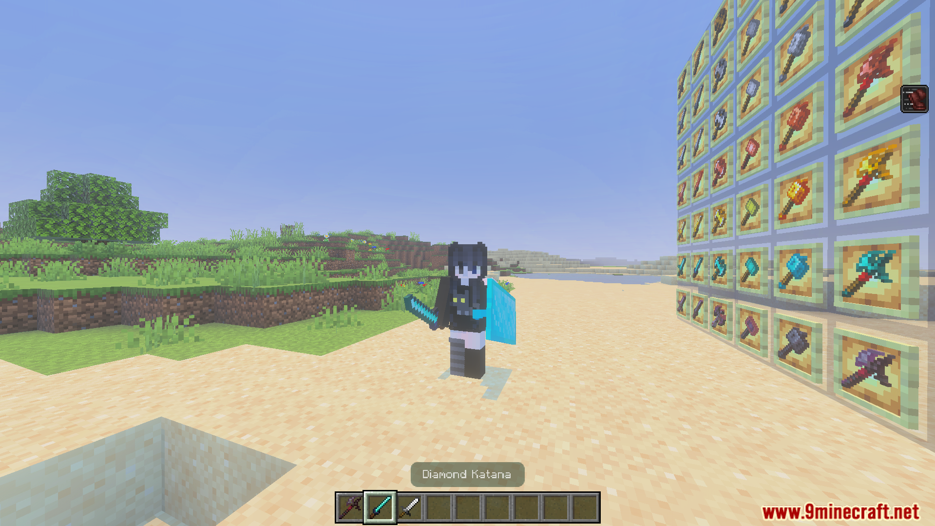More Vanilla Weapons Complete Addon Screenshot 4 Player holding a diamond katana near a large display wall of custom weapons