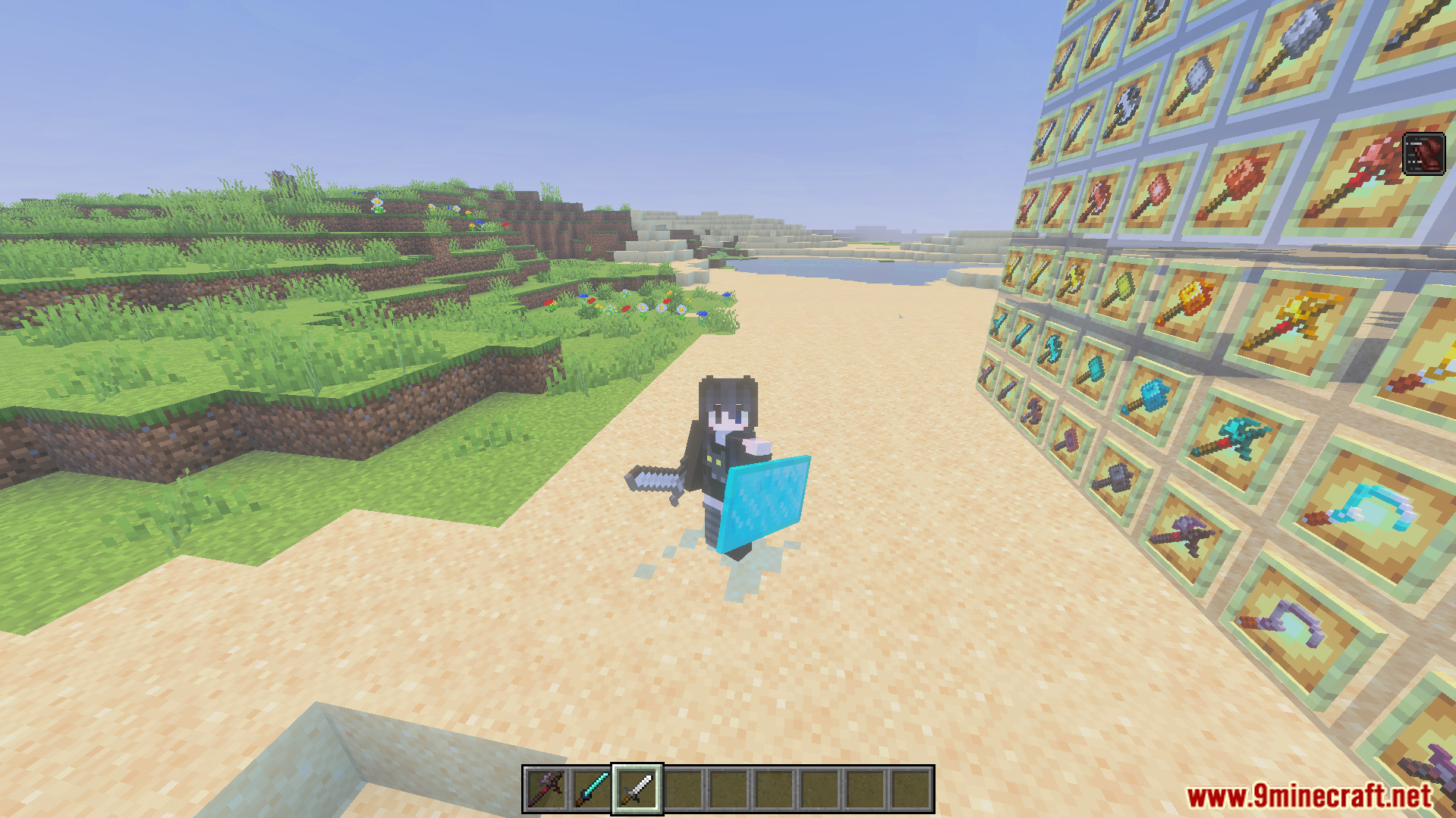 More Vanilla Weapons Complete Addon Screenshot 5 player holding sword and shield beside large wall showing many new weapon types