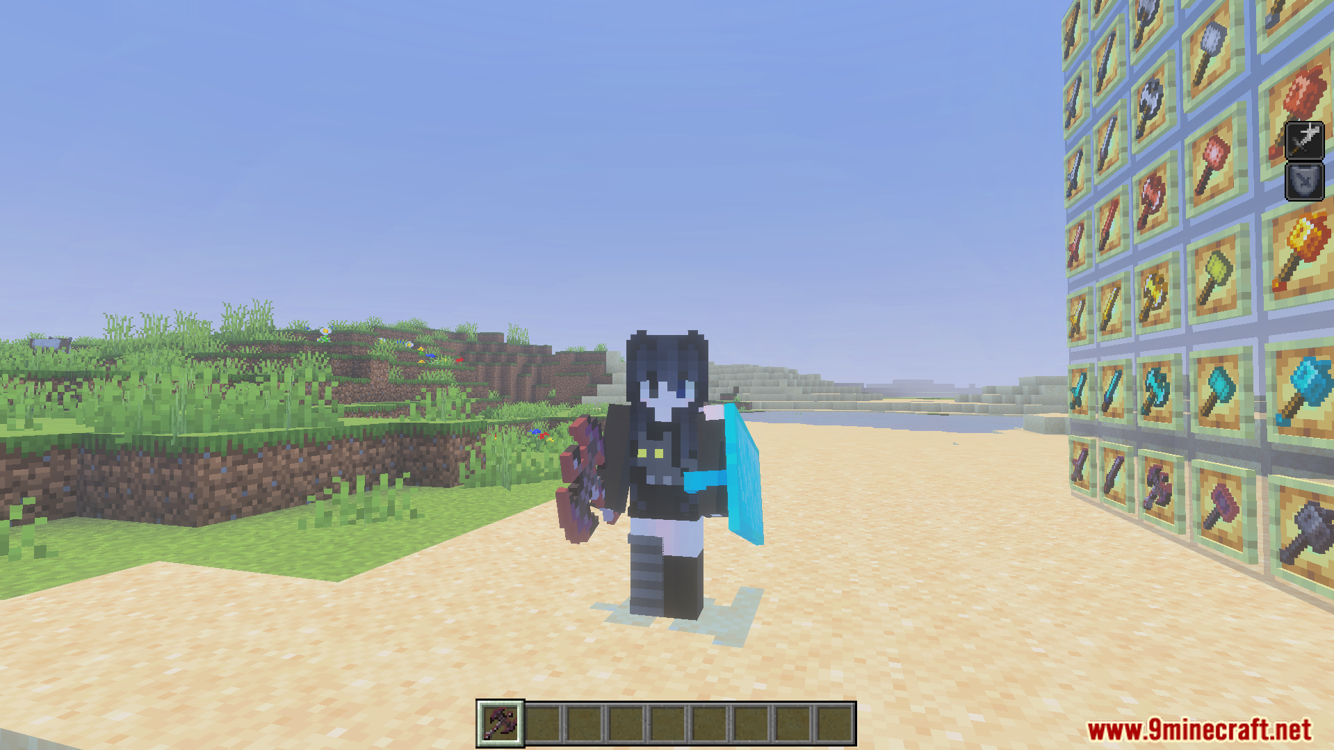 More Vanilla Weapons Complete Addon Screenshot 6 player holding large battle axe and shield standing next to new weapon wall