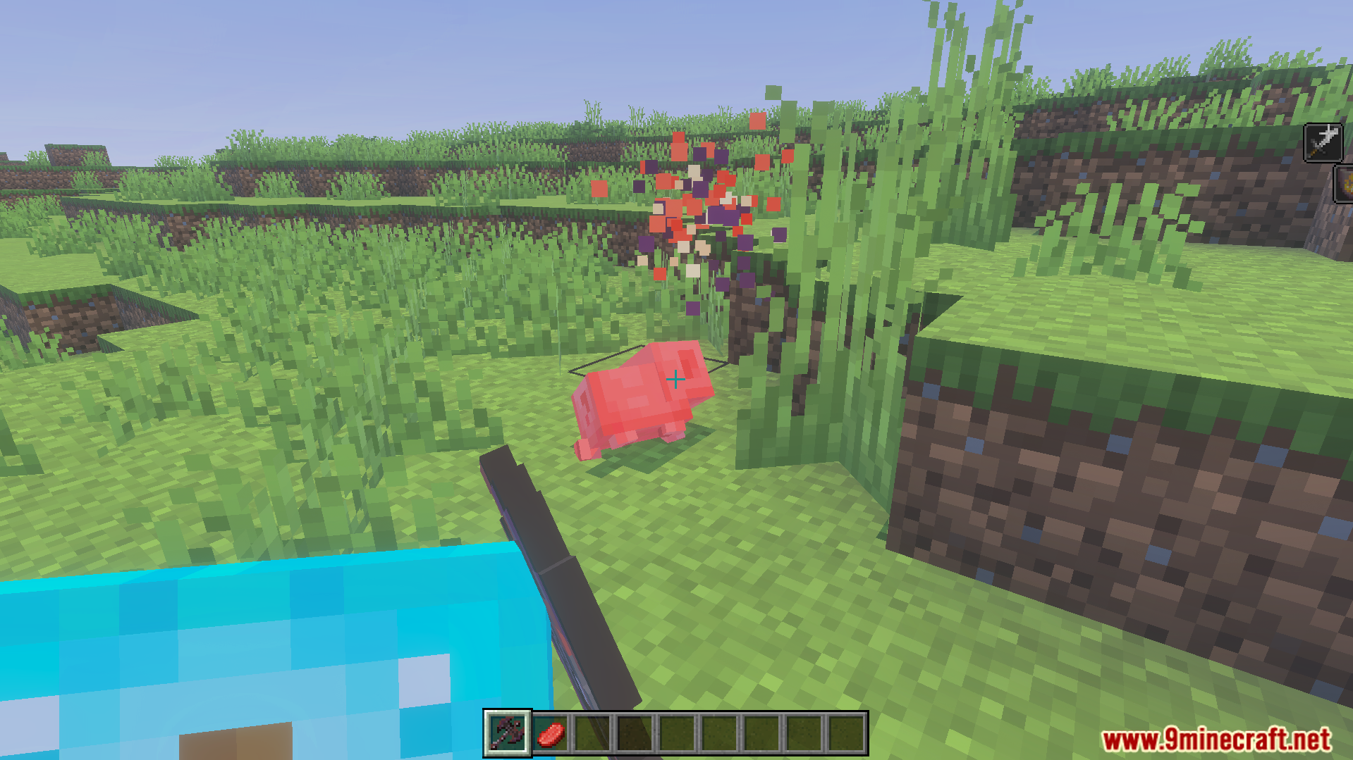 More Vanilla Weapons Complete Addon Screenshot 7 Player hitting a pig with a new weapon showing custom particle effects