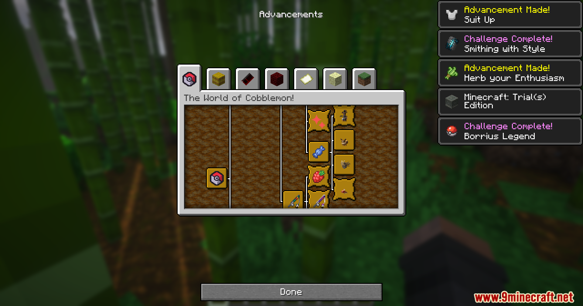 Mrct Localization Data Pack Screenshot 1 Minecraft advancements menu showing the Cobblemon tab and various completed achievement notifications