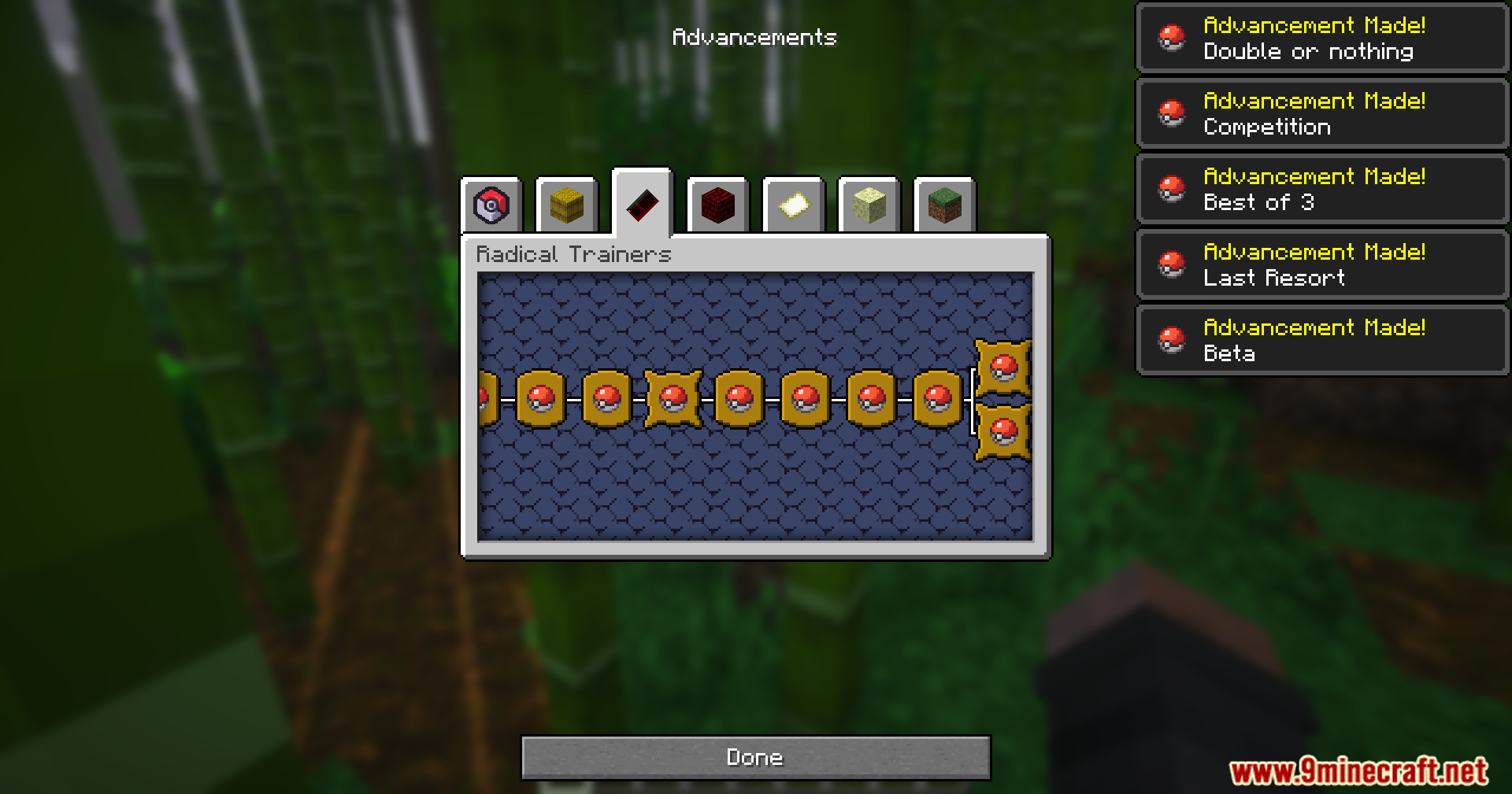 Mrct Localization Data Pack Screenshot 11 Player viewing a custom advancements tree with Pokeball icons in the menu