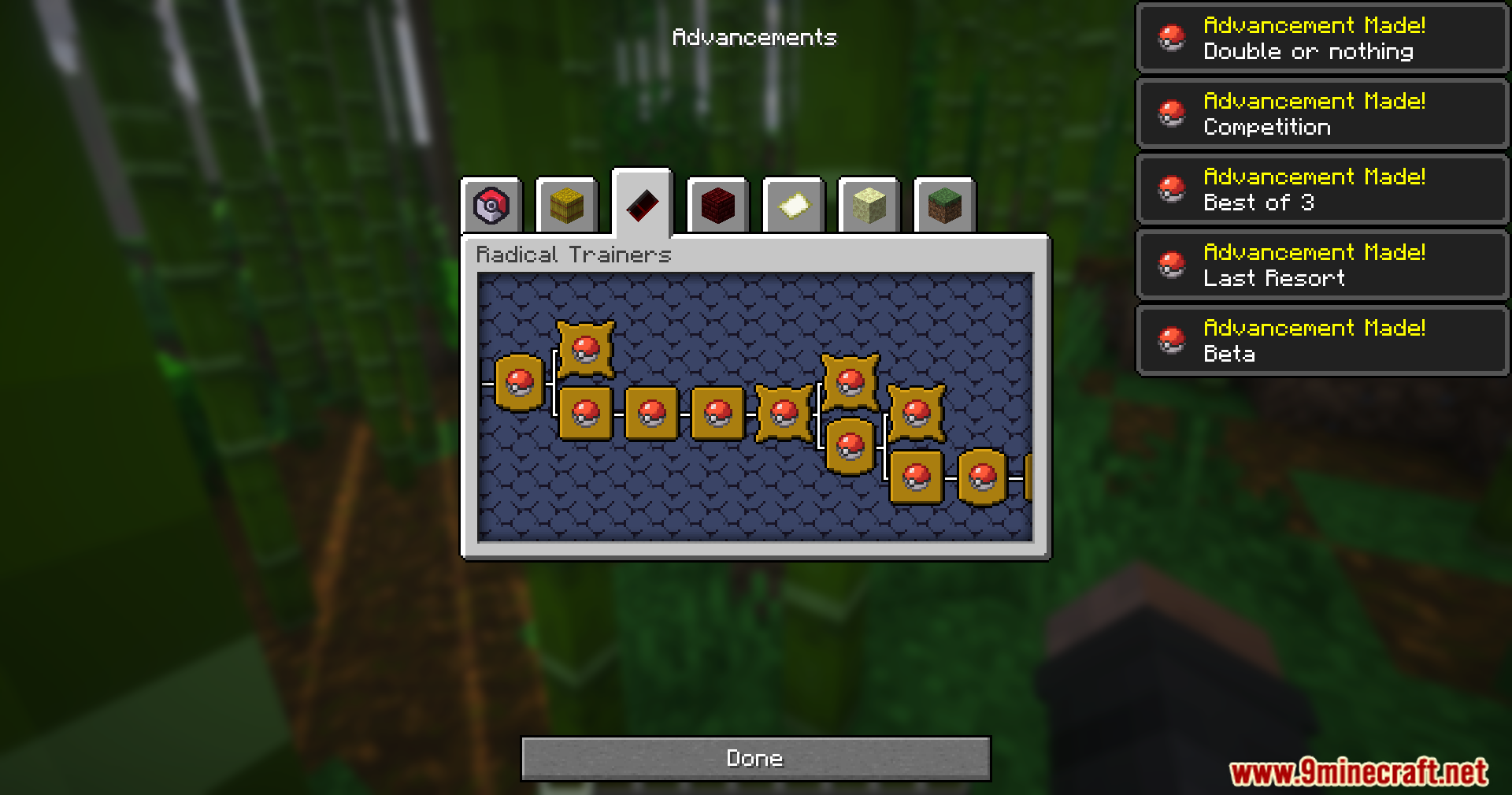 Mrct Localization Data Pack Screenshot 12 Player looking at a branching custom advancements tree featuring Pokeball icons