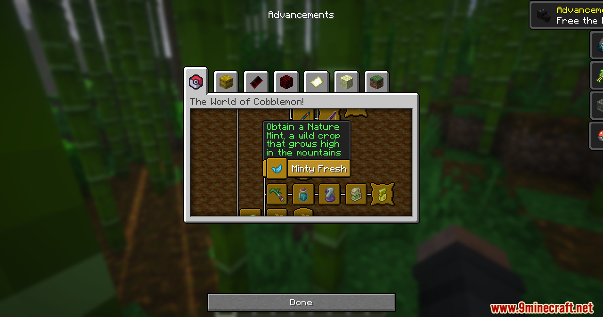 Mrct Localization Data Pack Screenshot 2 Player reading the Minty Fresh achievement description in the Cobblemon advancements menu