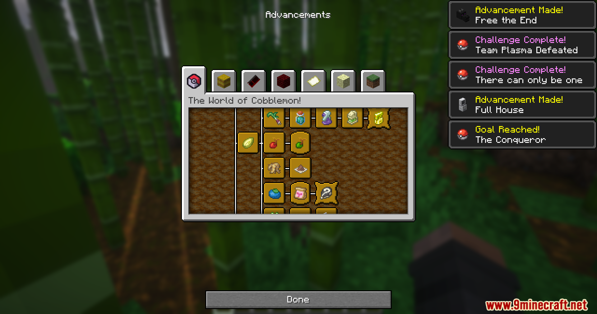 Mrct Localization Data Pack Screenshot 3 A player views the Advancements menu showing The World of Cobblemon tab