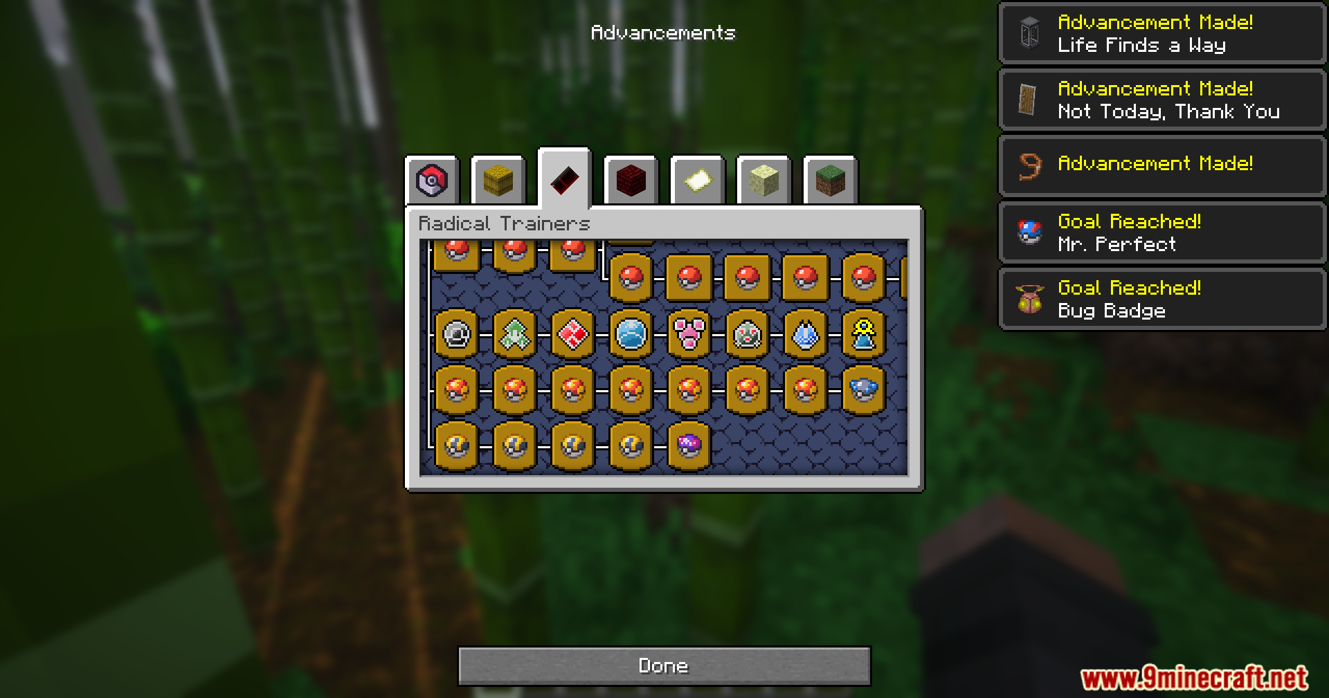 Mrct Localization Data Pack Screenshot 4 A player views the Advancements menu showing the Radical Trainers tab
