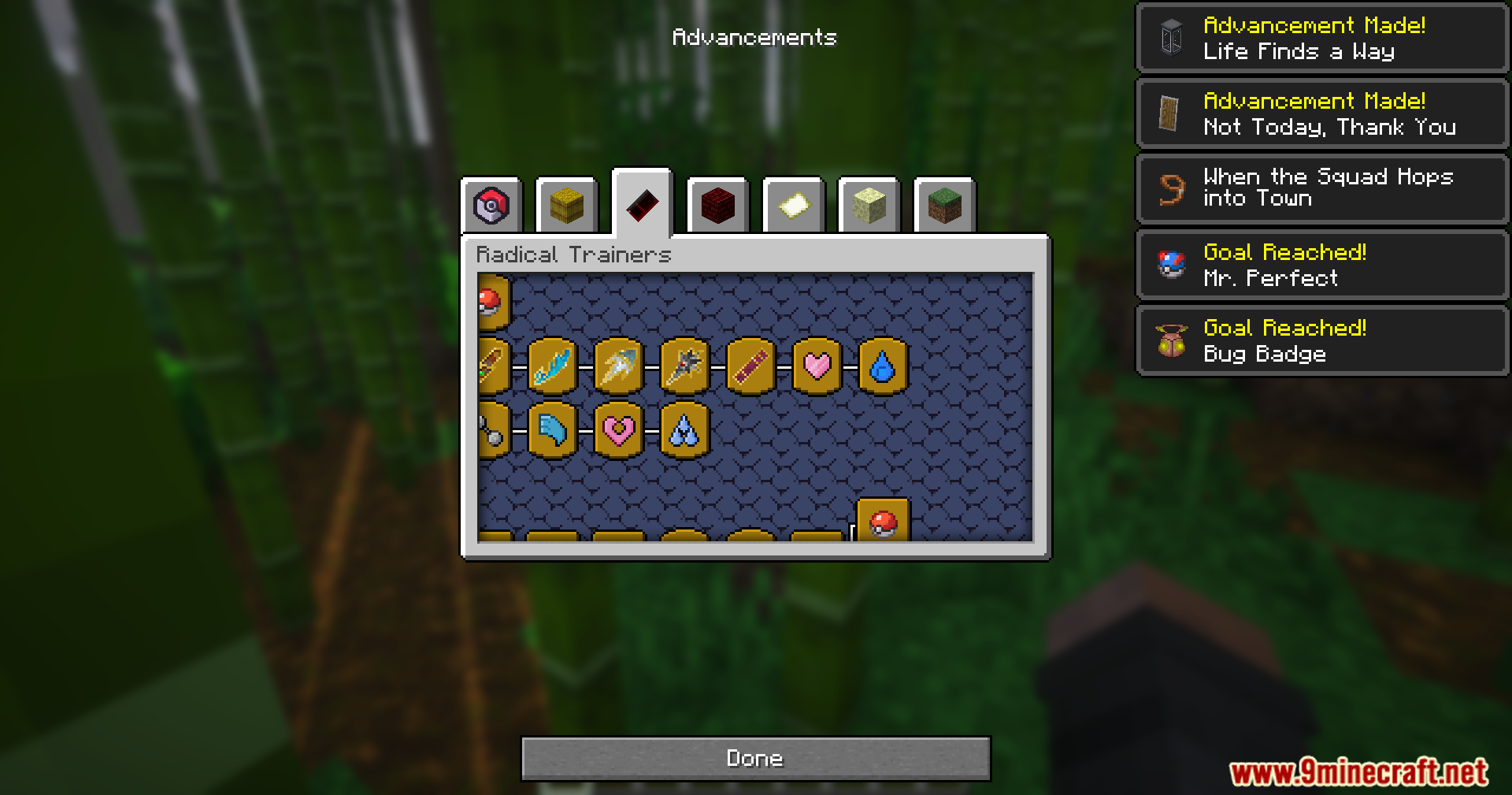 Mrct Localization Data Pack Screenshot 7 Minecraft advancements screen showing custom badge icons for the Radical Trainers tab