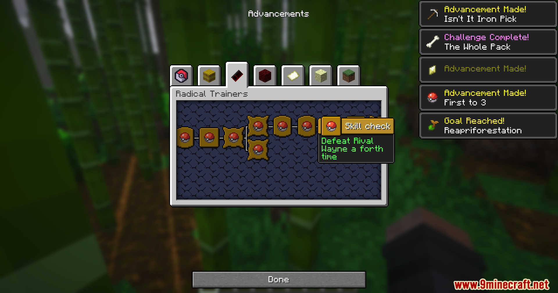 Mrct Localization Data Pack Screenshot 9 Player viewing the Radical Trainers advancements tab in Minecraft