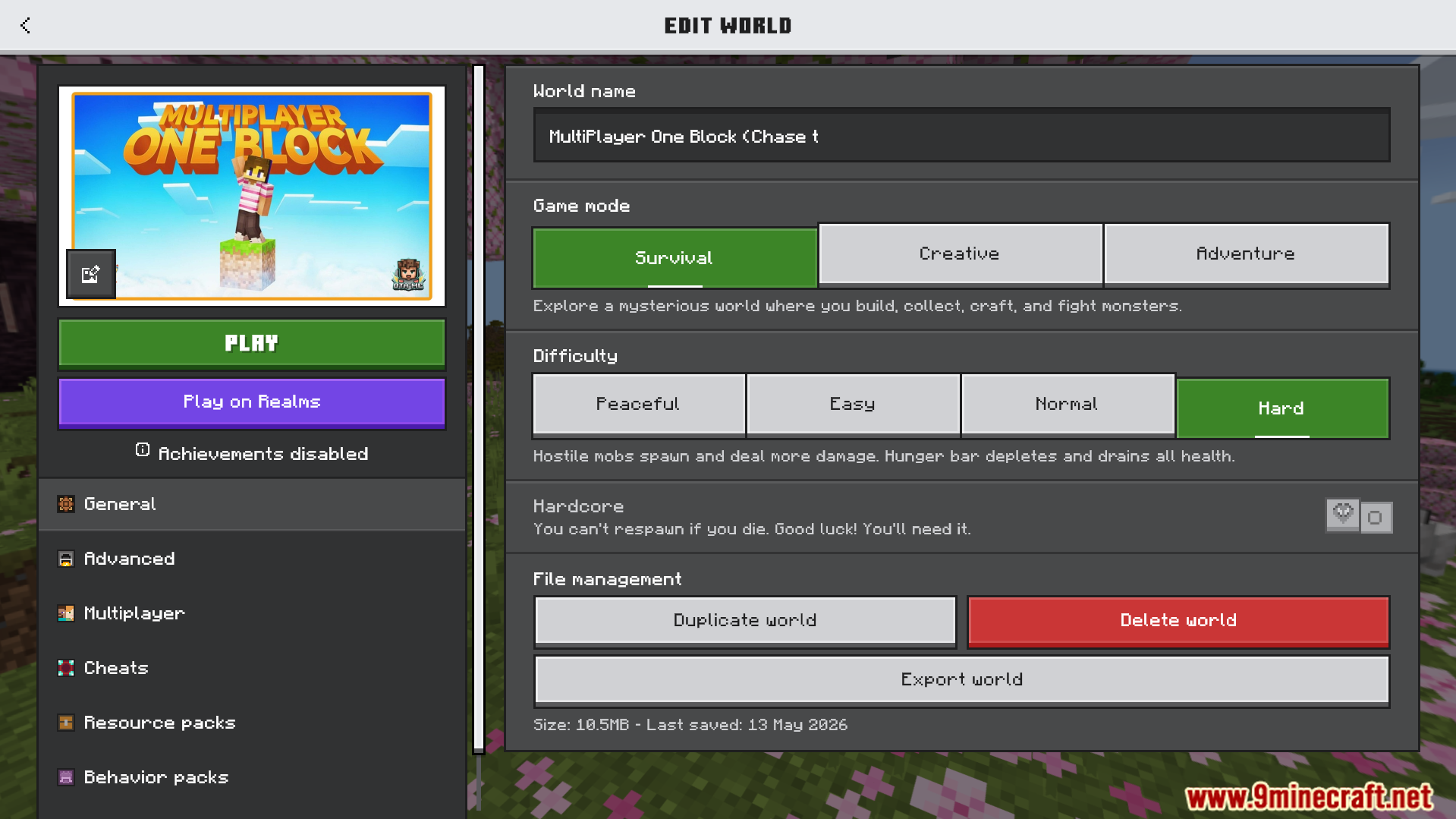 Edit world settings for the multiplayer one block survival challenge