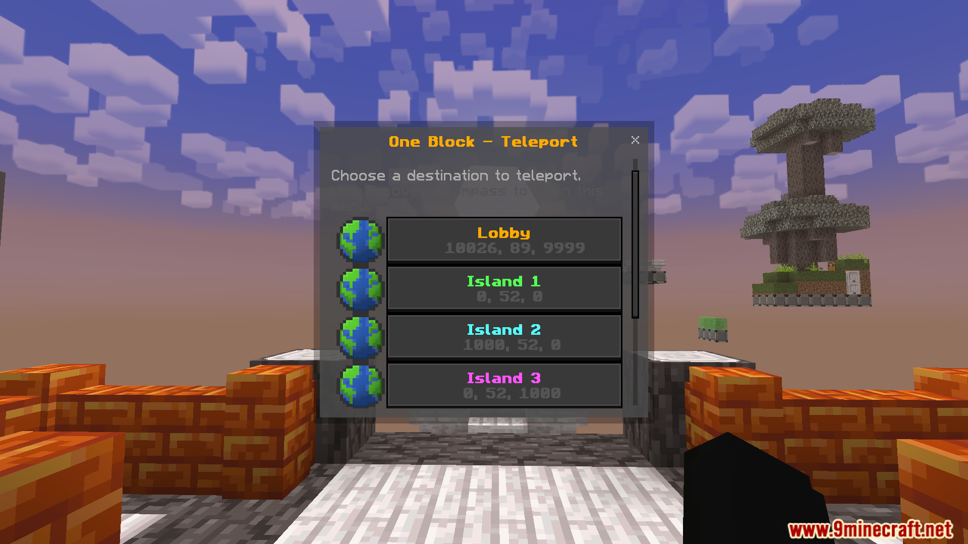 A central lobby menu lets you choose a private starting island