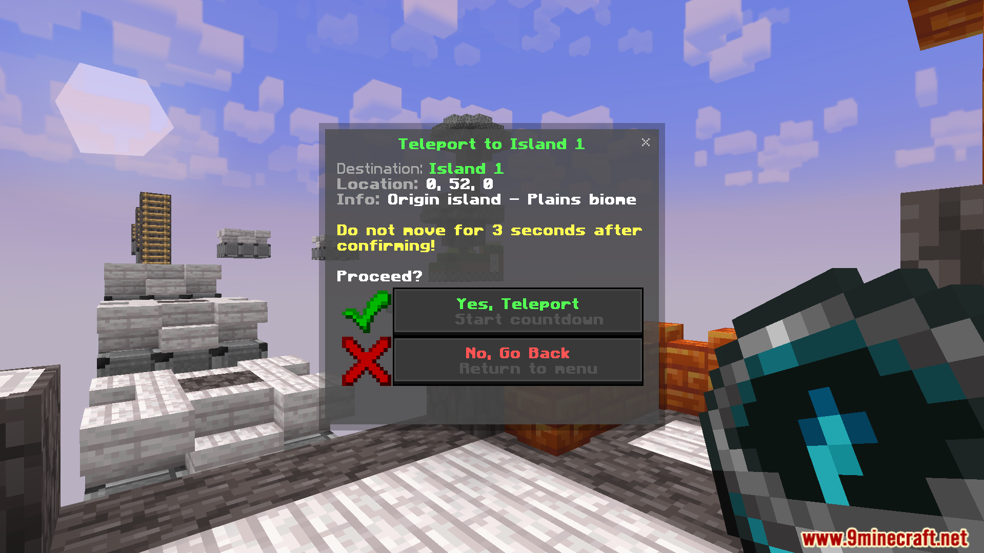 Teleport to a starting island which begins in the plains biome