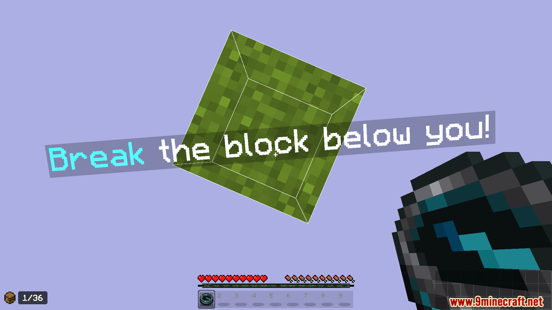 A single floating grass block with instructions to break it