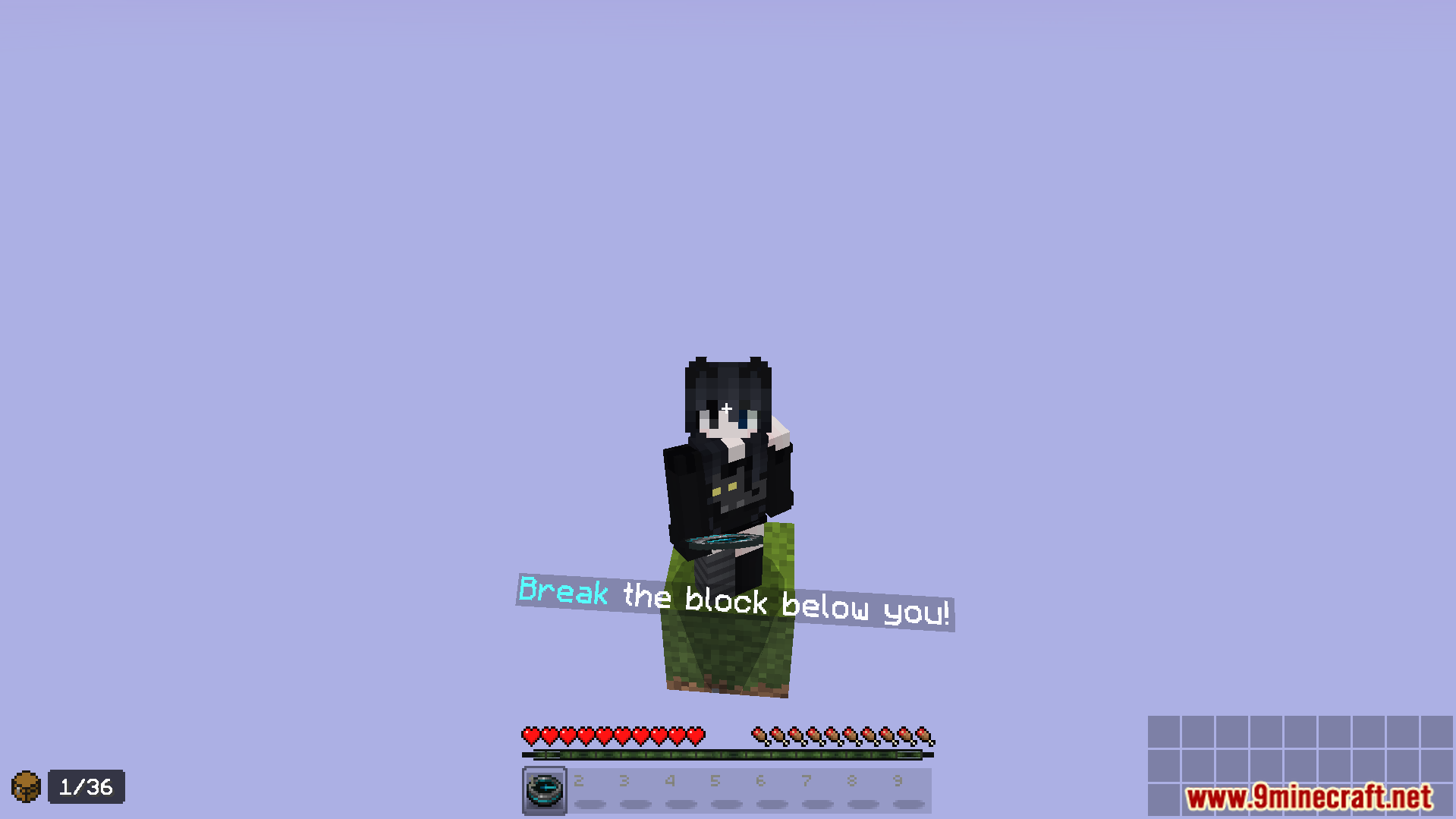 A player stands on a single block in the sky