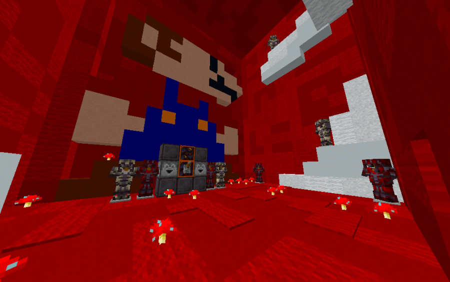 Mushroom Stash Schematic Screenshots 1 Red themed room featuring Mario pixel art and various sets of armor