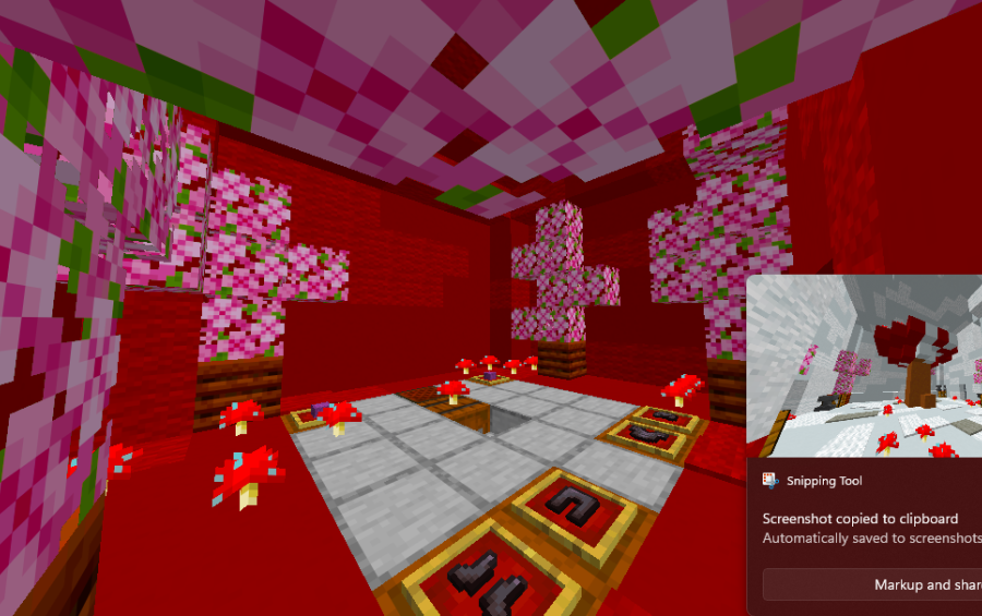 Mushroom Stash Schematic Screenshots 3 Red Minecraft room with cherry blossom leaves and armor in floor item frames
