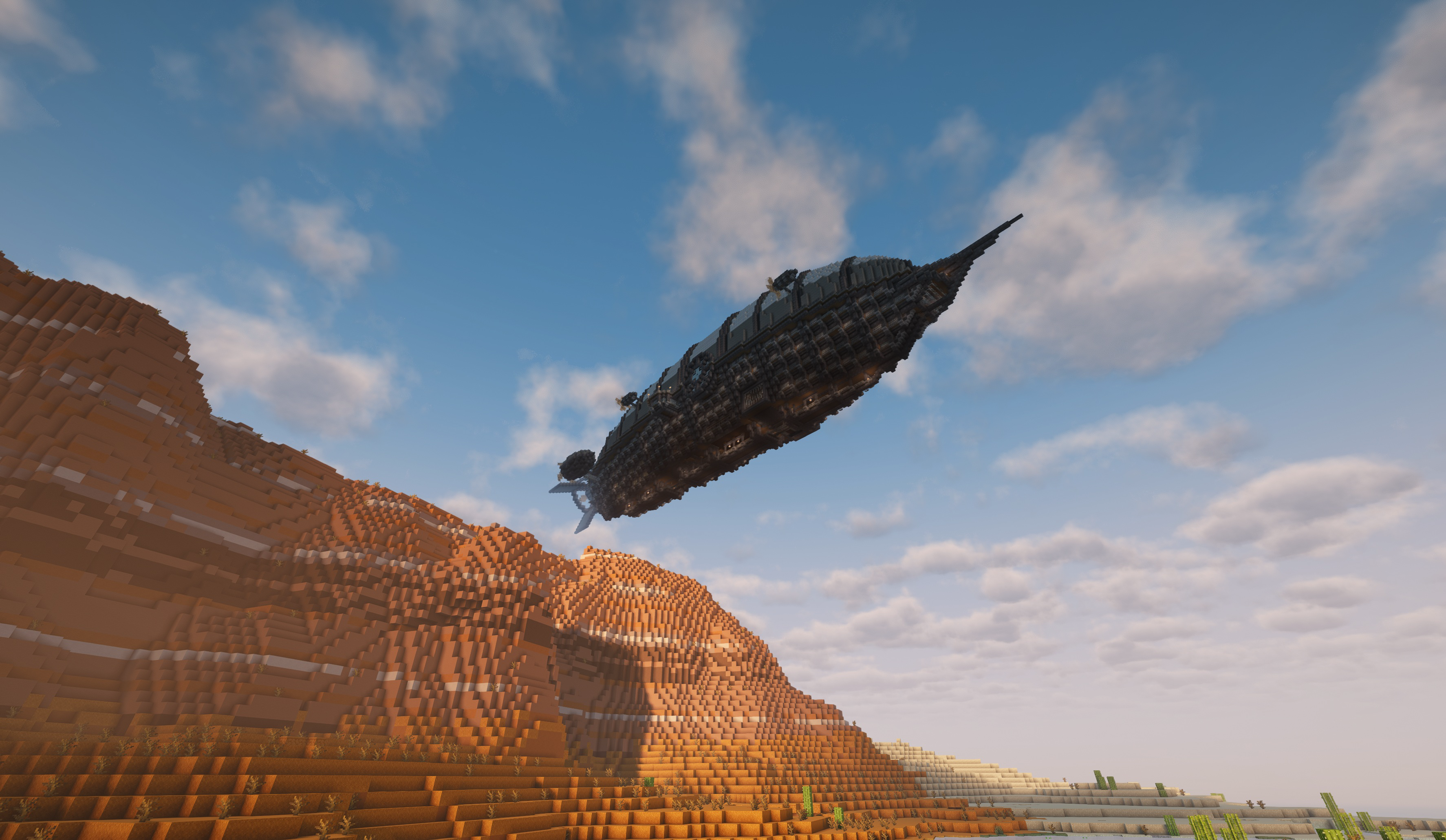 A massive dark airship floats high