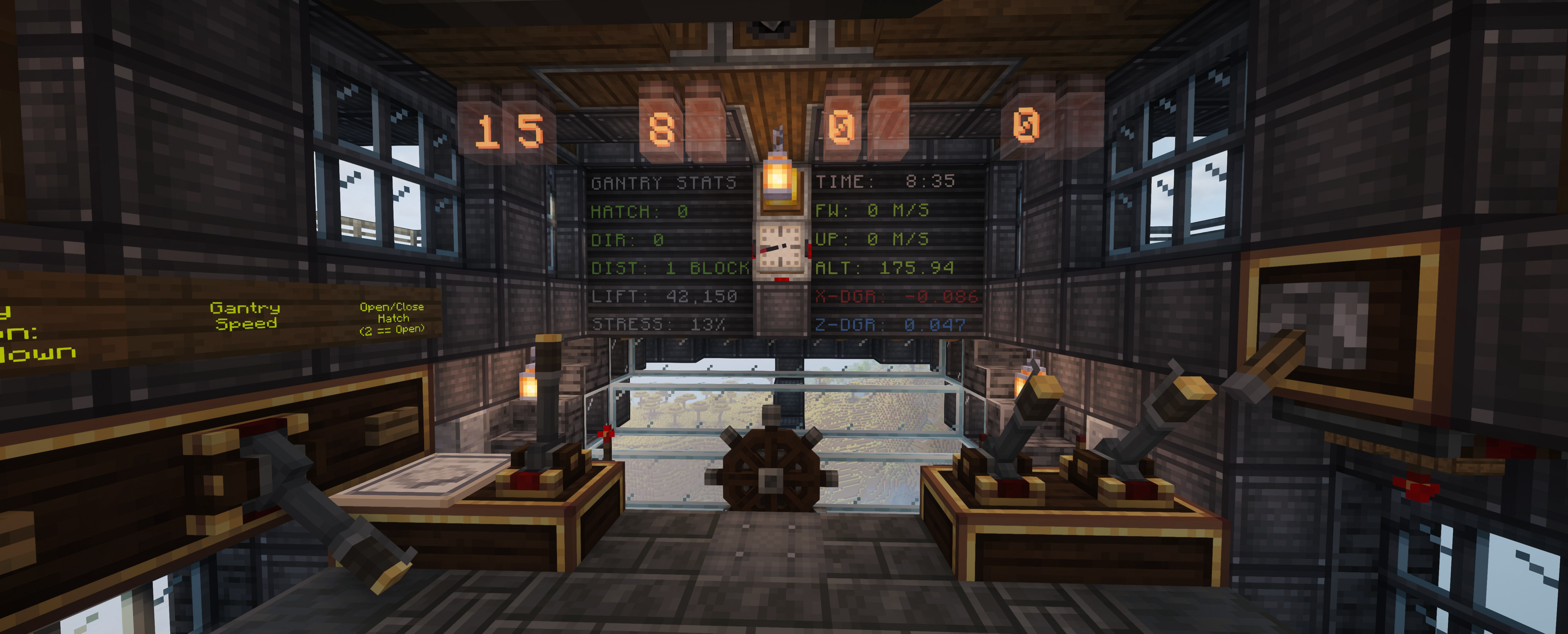 A detailed control room interior features a steering