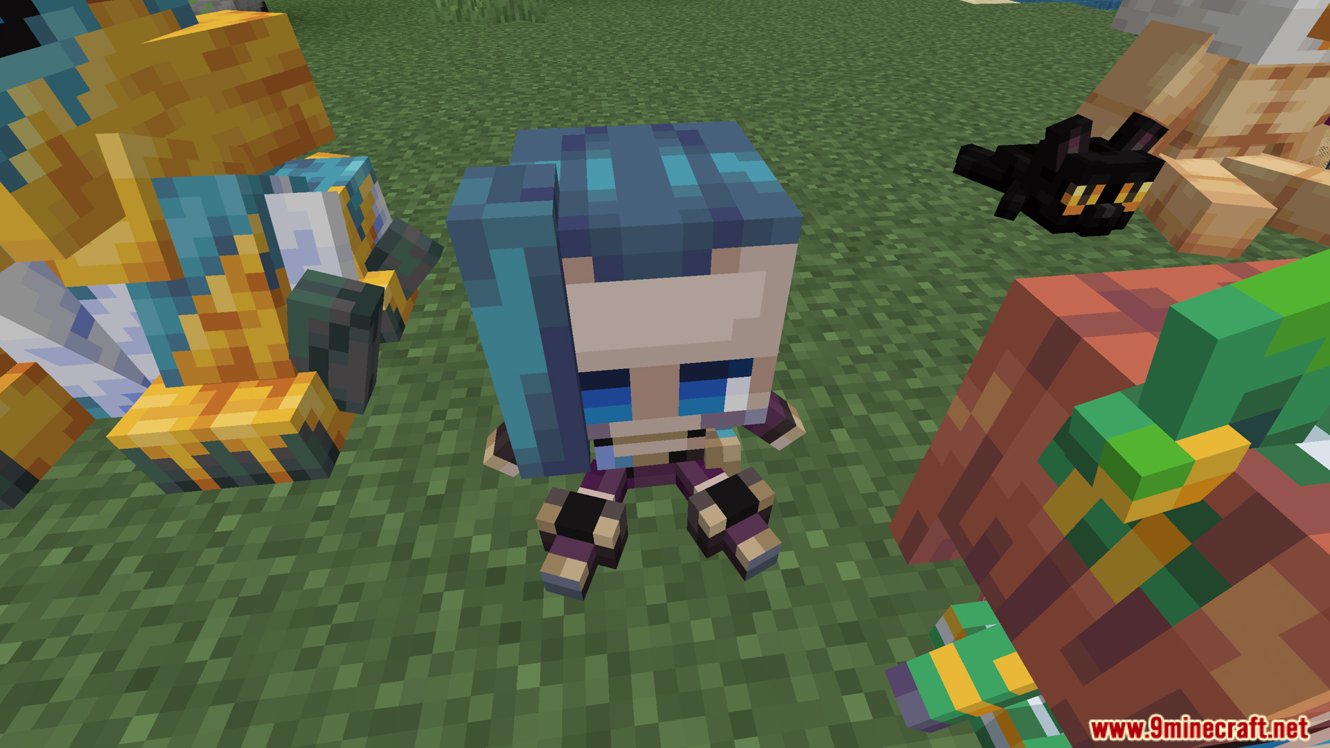 A close-up of a blue-haired character plushie