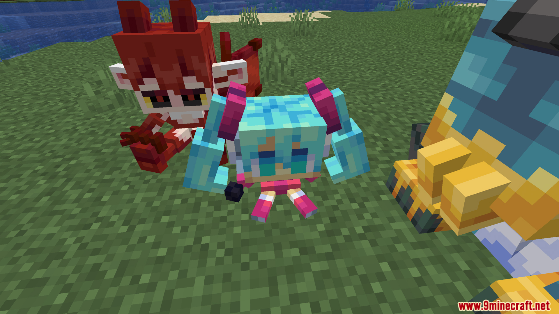 Hatsune Miku and a red cat-like plushie figure