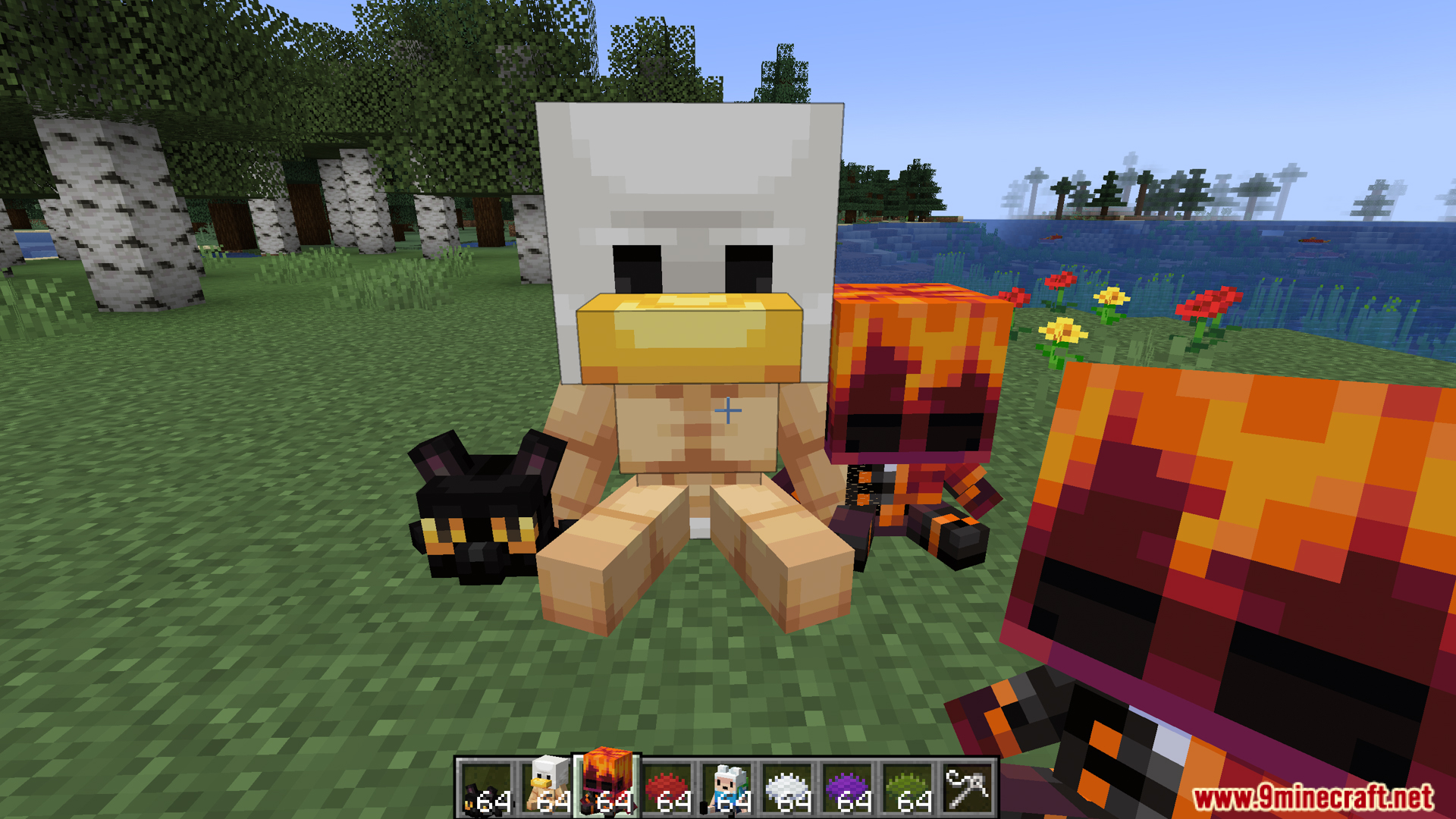 Player character sitting with various collectible plushies