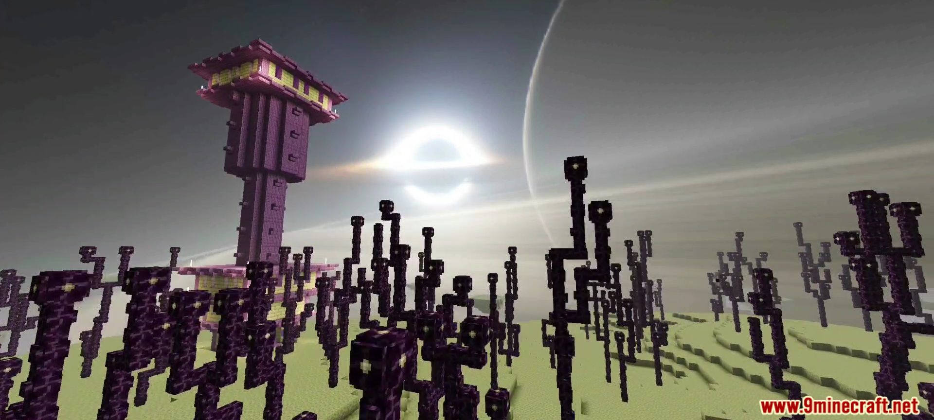End city tower and chorus plants under a black hole sky