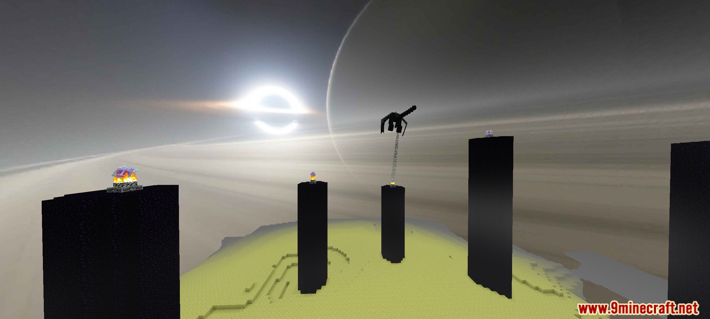 Massive black hole skybox above obsidian pillars in the End dimension