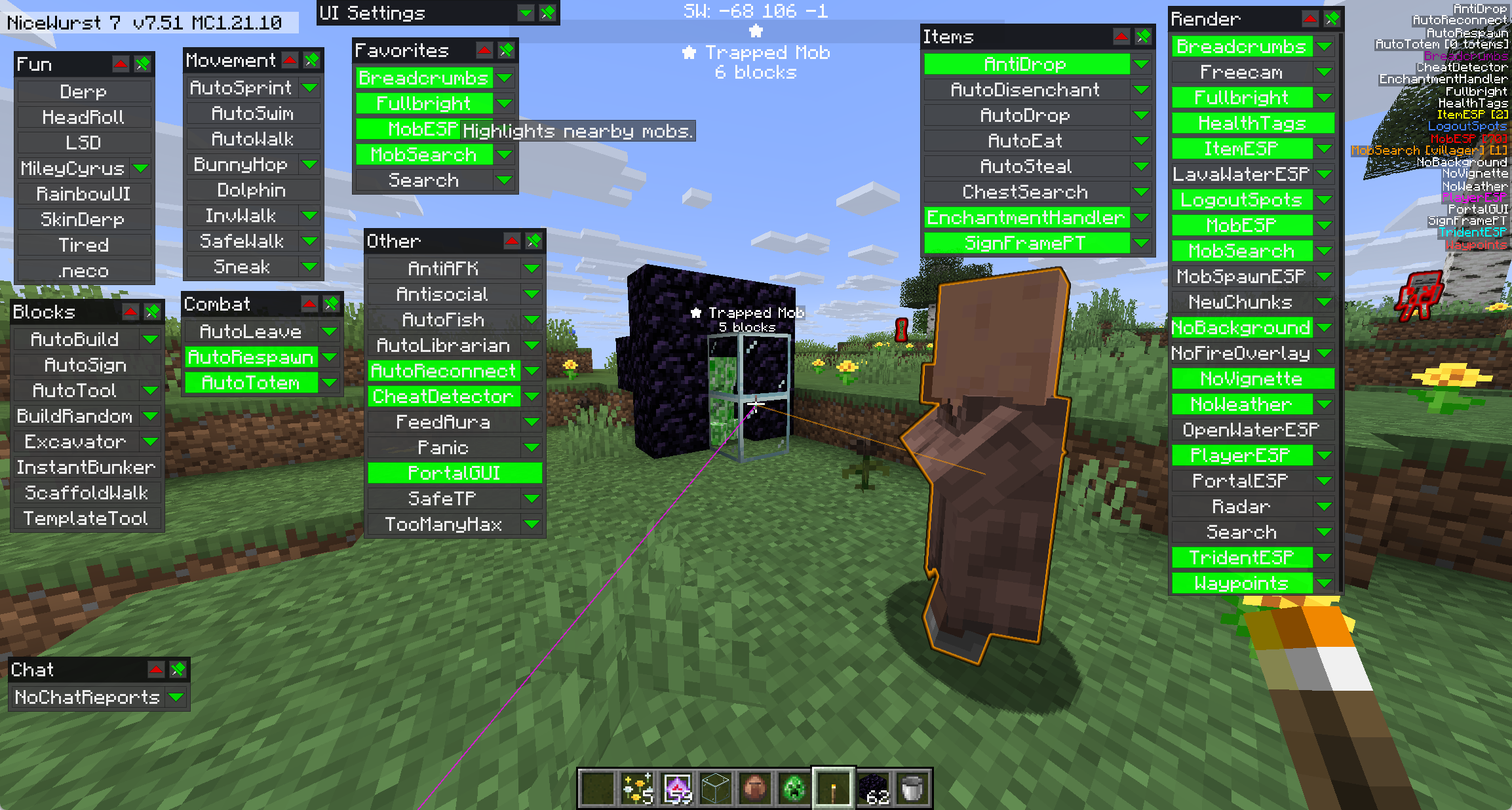 NiceWurst Mod Screenshot 1 Green utility client menu displaying various tool categories and an outlined villager