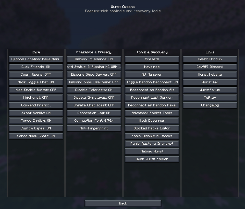 NiceWurst Mod Screenshot 11 Configuration menu displaying core settings privacy tools and recovery options for the client
