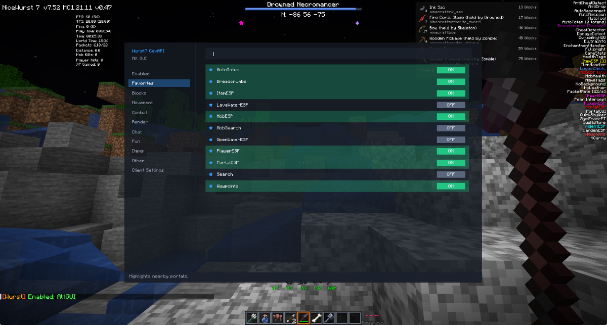 NiceWurst Mod Screenshot 12 Player viewing the main utility menu with favorite features toggled on and off