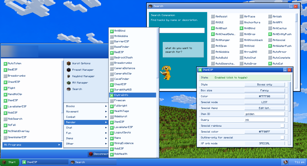 NiceWurst Mod Screenshot 13 Windows style interface showing render category options and item ESP settings