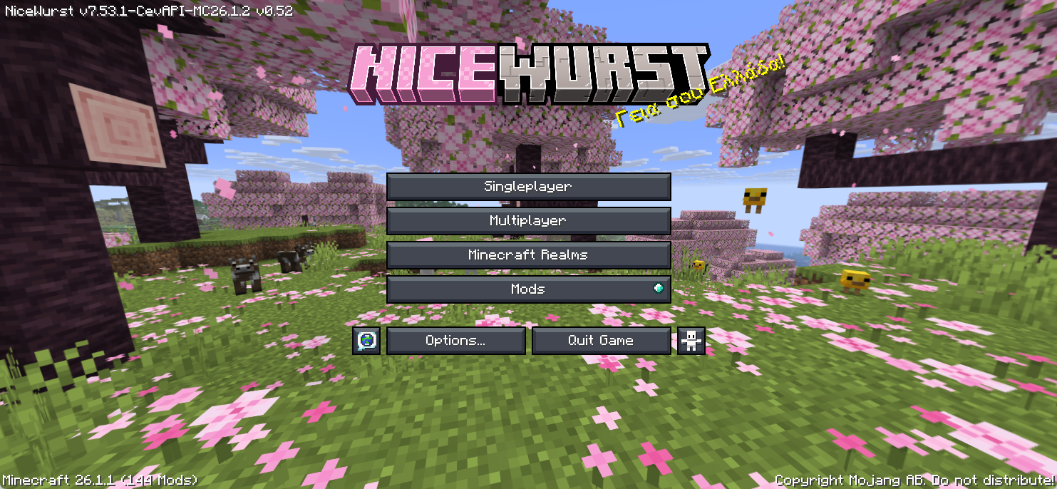 NiceWurst Mod Screenshot 14 Custom main menu screen displaying large pink title text over cherry biome