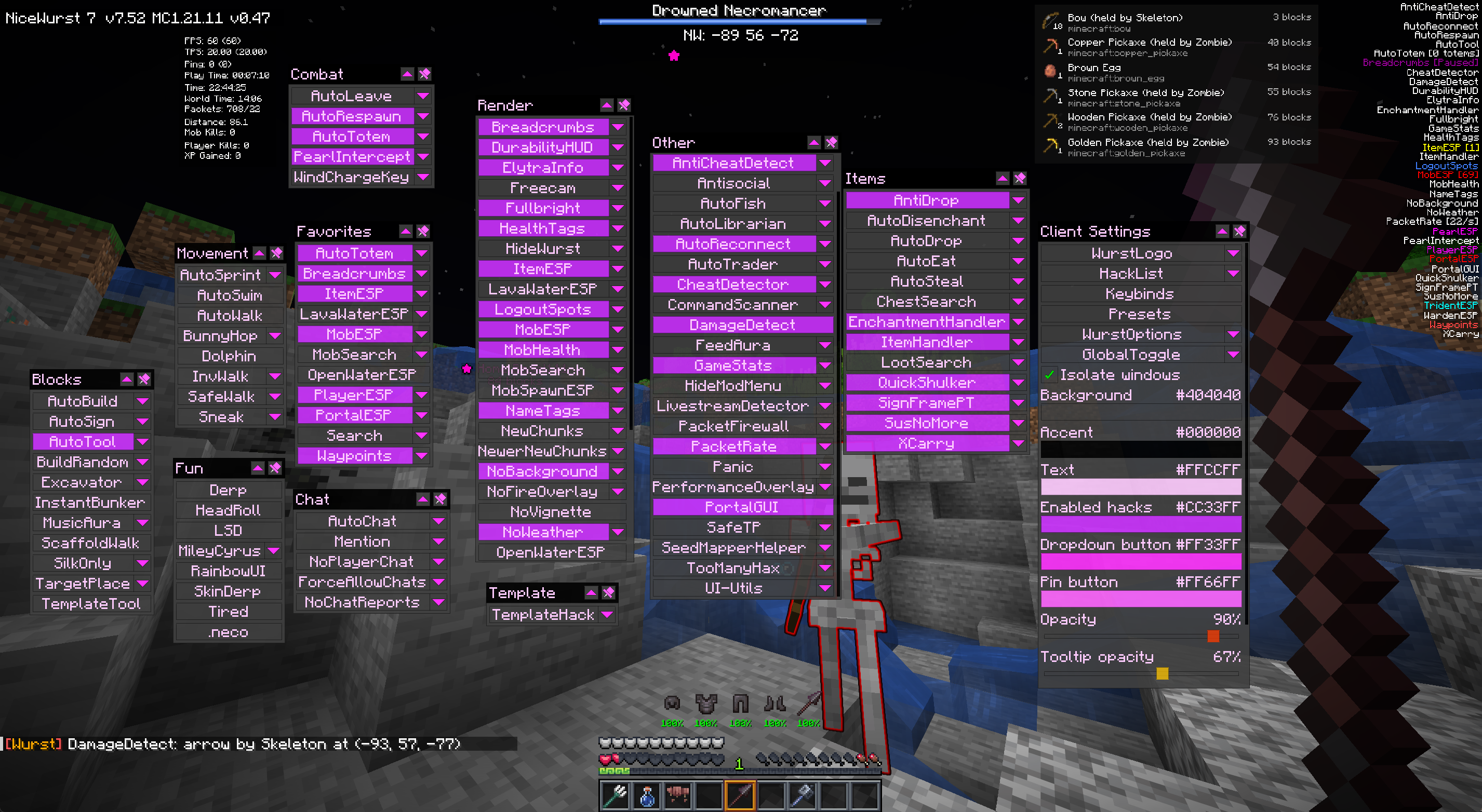 NiceWurst Mod Screenshot 2 Purple utility client menu showing tool categories and an outlined skeleton