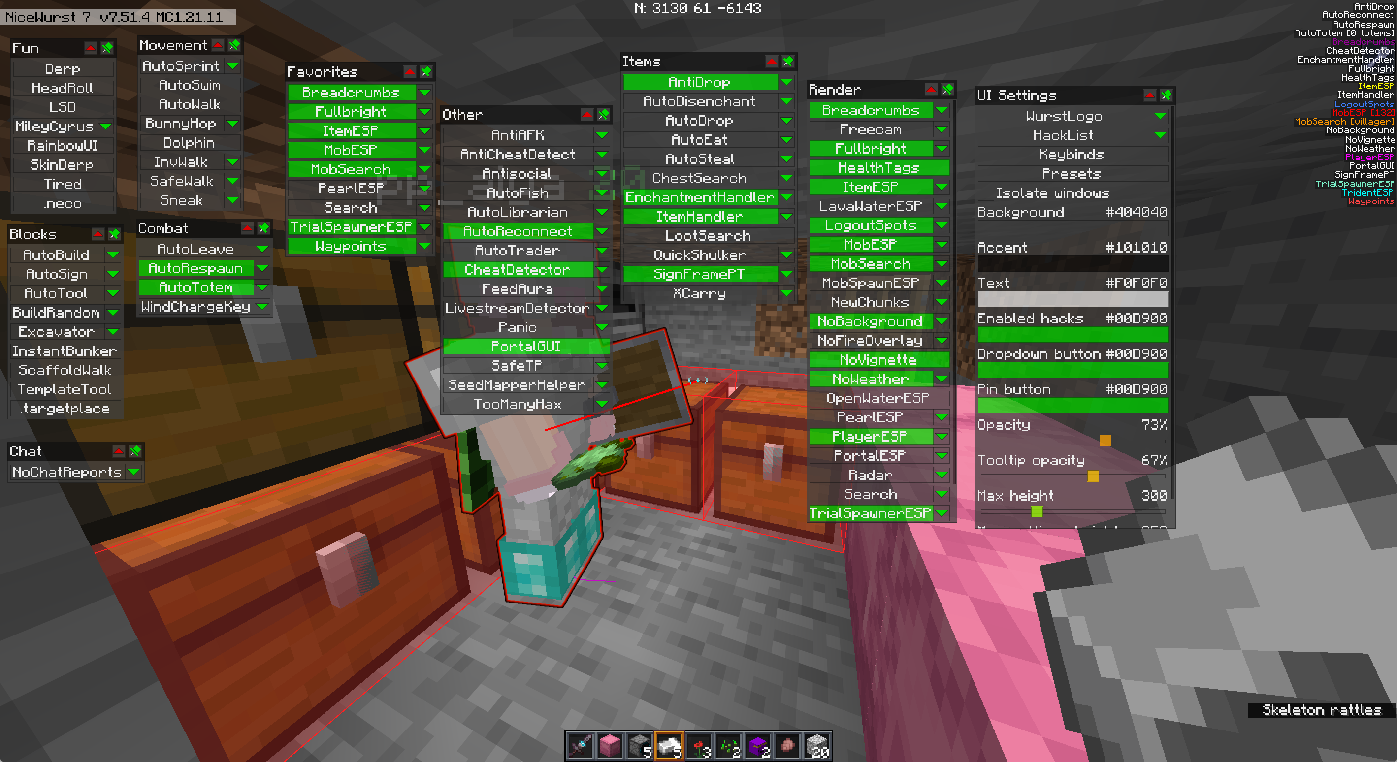 NiceWurst Mod Screenshot 3 Large utility client menu with green accents displaying various feature categories