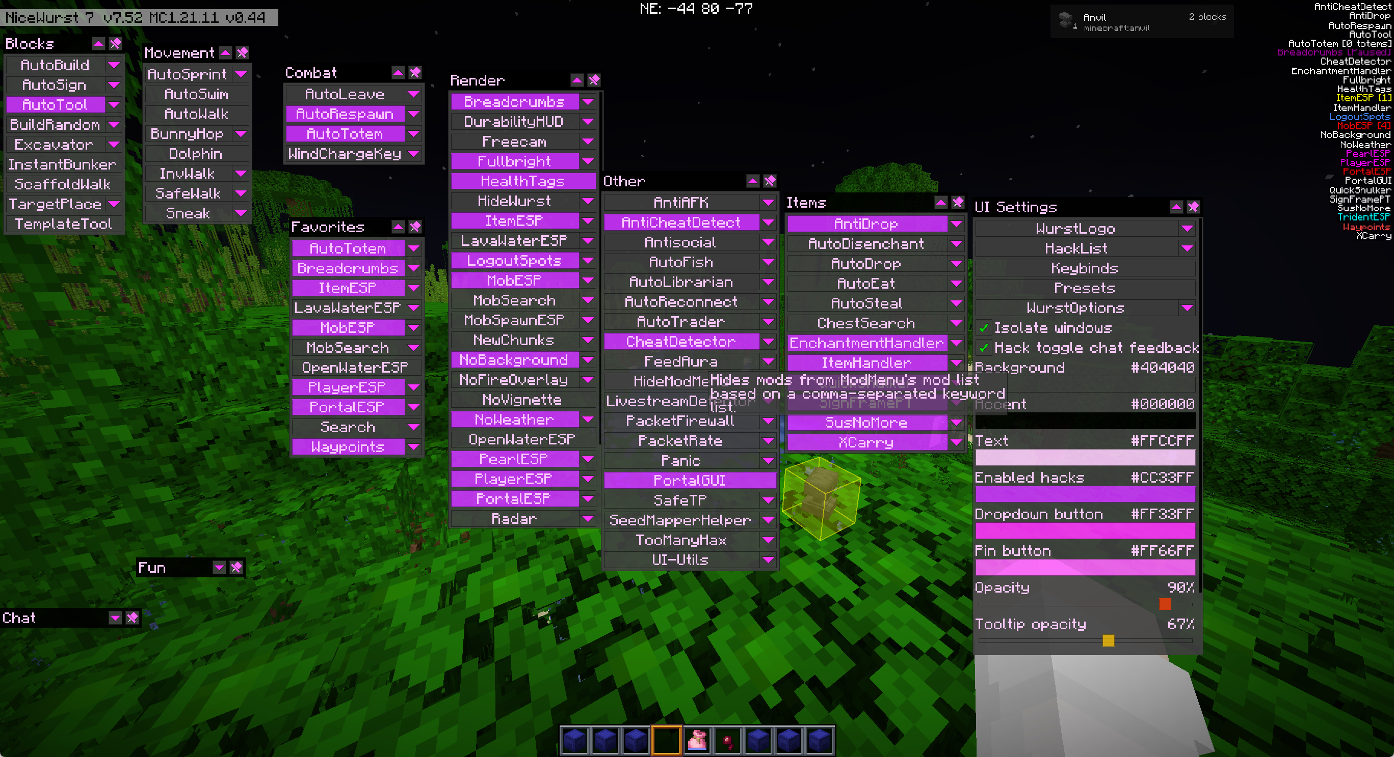 NiceWurst Mod Screenshot 4 Purple themed utility menu displaying various active features in an outdoor setting
