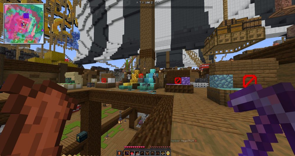 NiceWurst Mod Screenshot 6 First person view of a wooden ship with a minimap and block markers