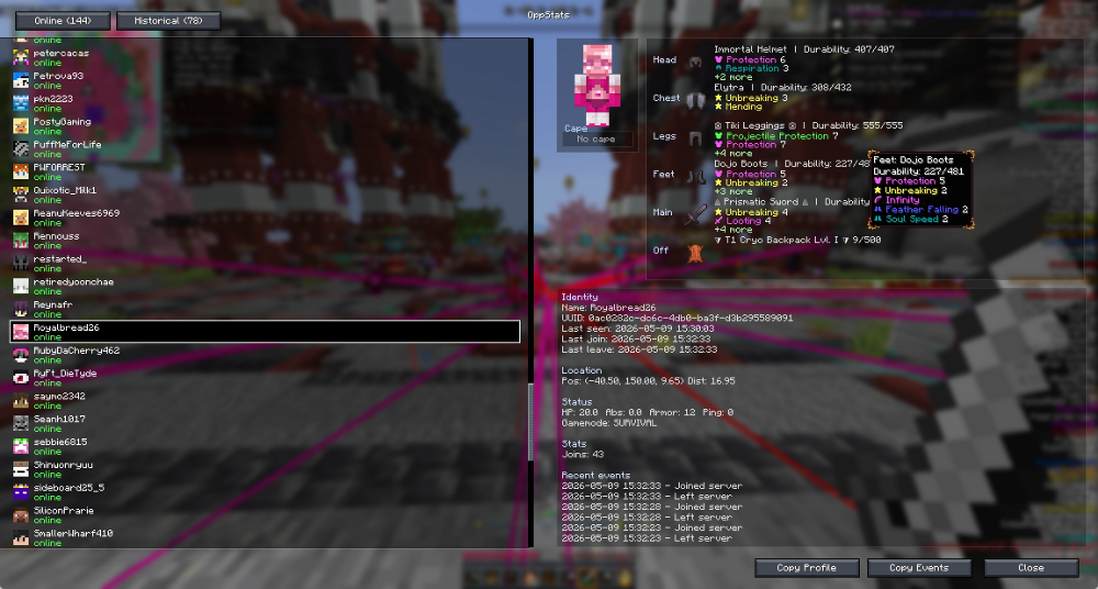NiceWurst Mod Screenshot 7 Utility menu displaying online player list and detailed equipment statistics