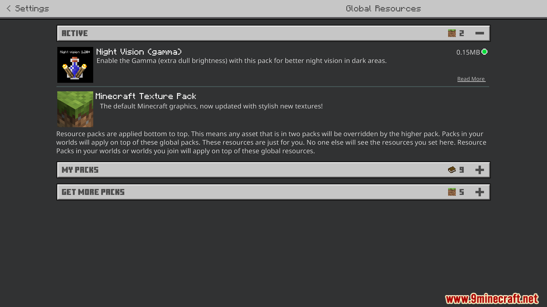 Night Vision Gamma Addon Screenshot 1 Global Resources menu showing active Night Vision Gamma pack