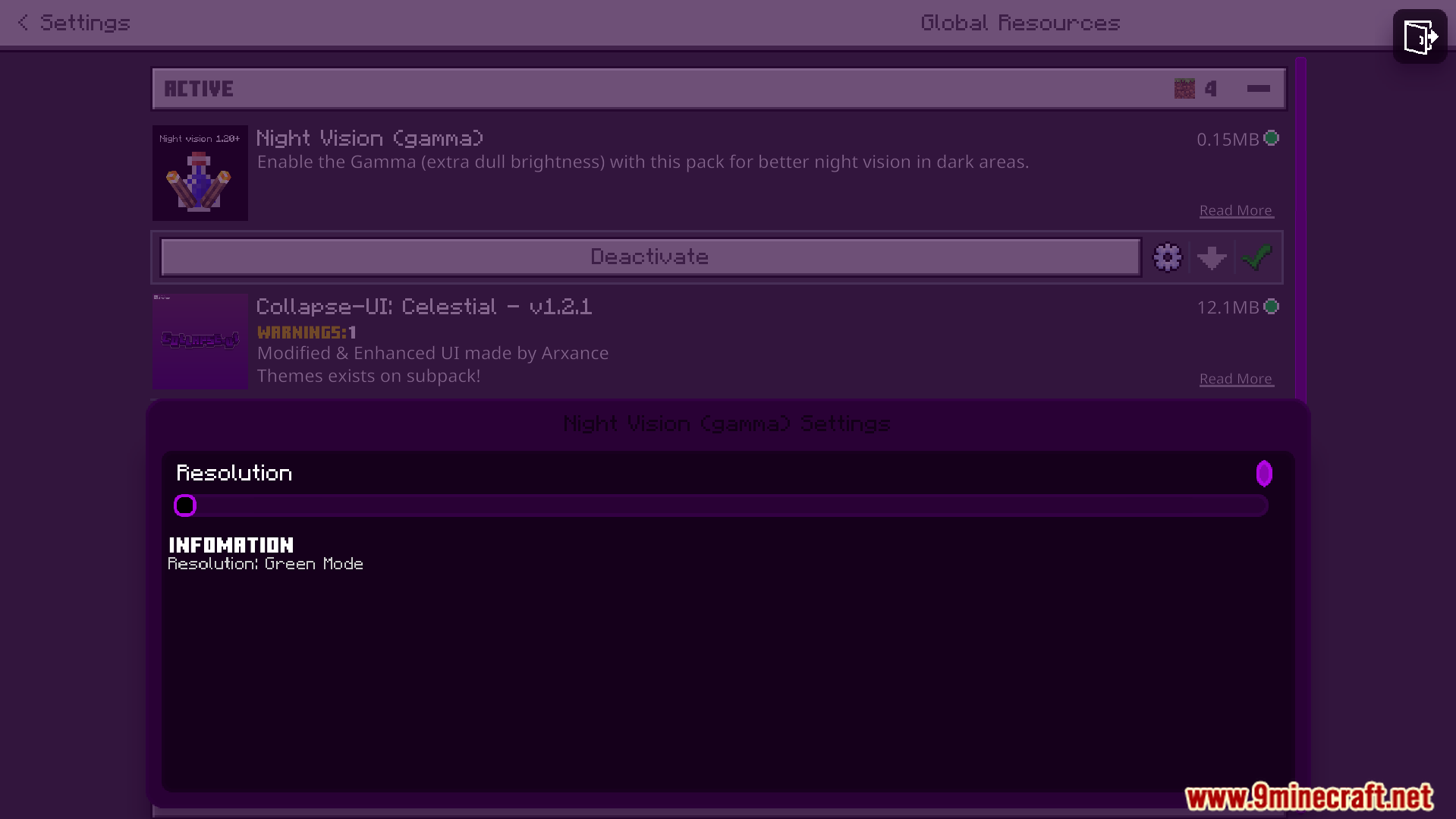 Night Vision Gamma Addon Screenshot 3 Global resources menu displaying the green mode resolution setting for the addon