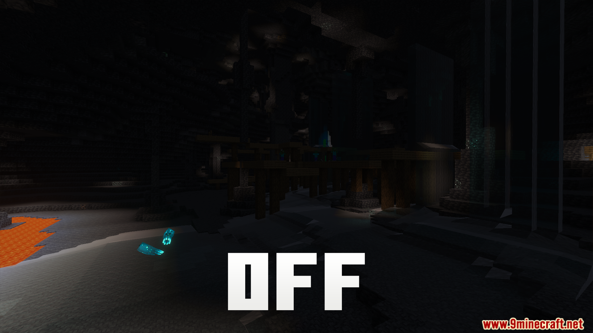Night Vision Gamma Addon Screenshot 7 dark cave scene with off text showing normal lighting before brightness increase