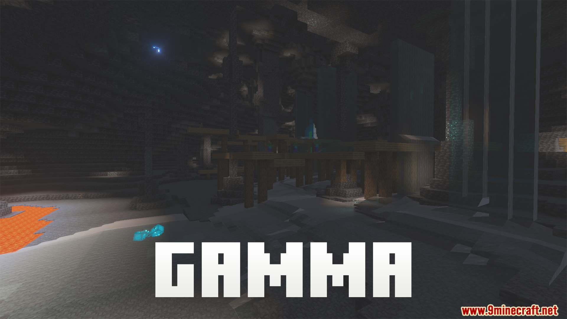 Night Vision Gamma Addon Screenshot 8 bright cave scene with gamma text showing increased lighting without placing torches