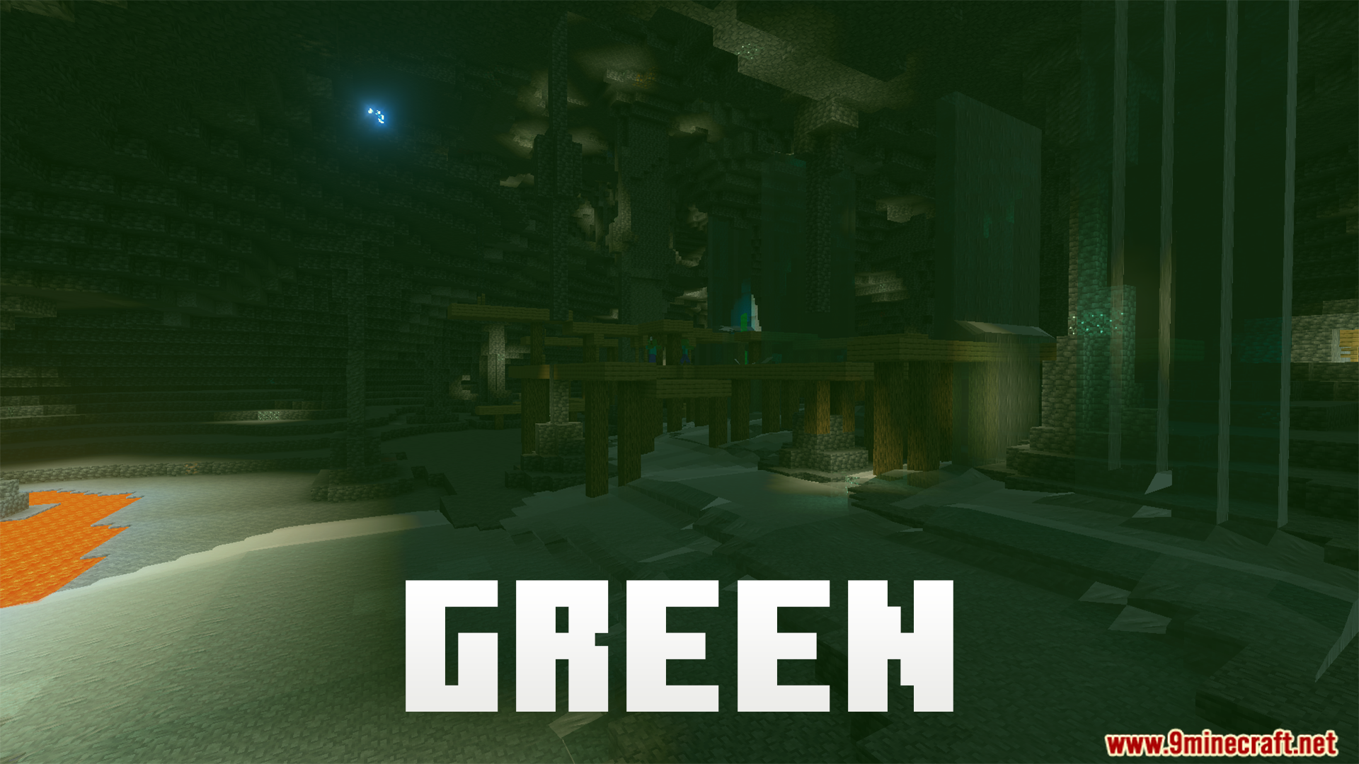 Night Vision Gamma Addon Screenshot 9 Special green light mode illuminating a dark underground cave with an abandoned mineshaft
