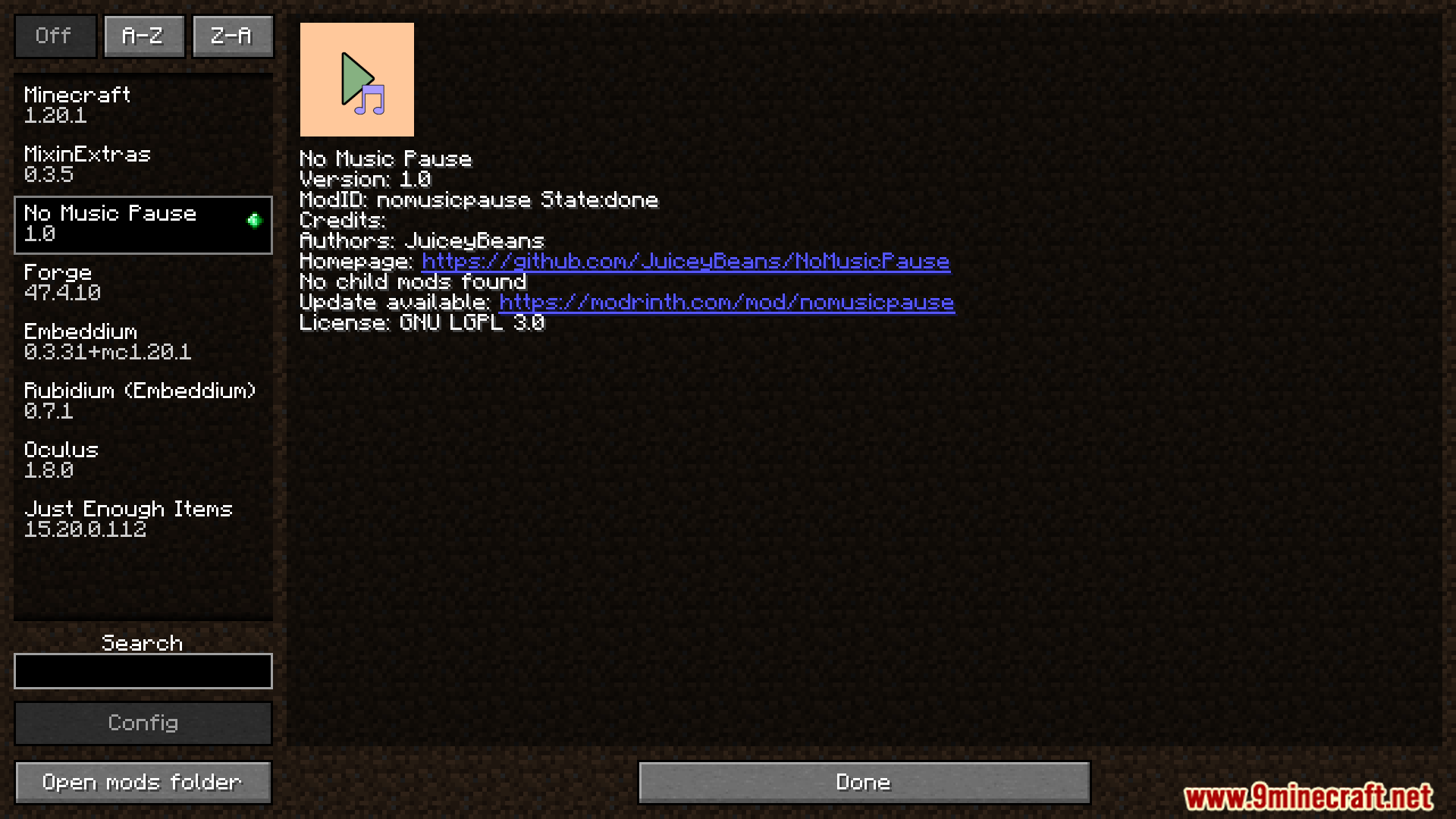 No Music Pause mod information in the mods menu