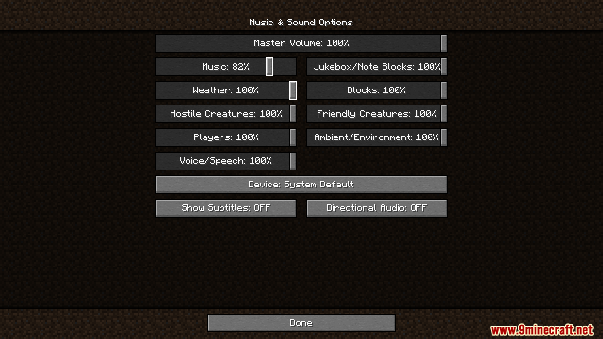 Minecraft music and sound options with music at 82 percent