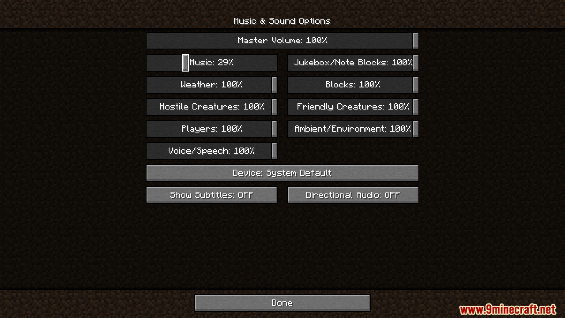 Minecraft music and sound options menu screen